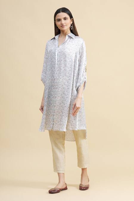 Buy_Zeel Doshi_White Silk Spread Collar Printed Tunic  _Online_at_Aza_Fashions