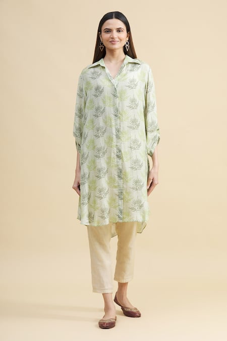 Buy_Zeel Doshi_Green Silk Spread Collar Printed Tunic  _Online_at_Aza_Fashions