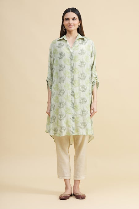 Shop_Zeel Doshi_Green Silk Spread Collar Printed Tunic  _Online_at_Aza_Fashions
