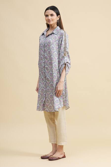 Zeel Doshi_Blue Silk Spread Collar Printed Tunic_Online_at_Aza_Fashions