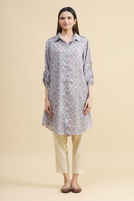 Shop_Zeel Doshi_Blue Silk Spread Collar Printed Tunic_Online_at_Aza_Fashions