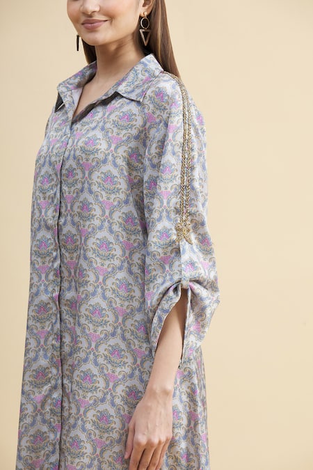 Zeel Doshi_Blue Silk Spread Collar Printed Tunic_at_Aza_Fashions