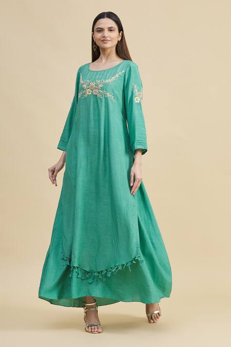 Buy_Zeel Doshi_Green Silk Boat Embroidered Tunic  _Online_at_Aza_Fashions