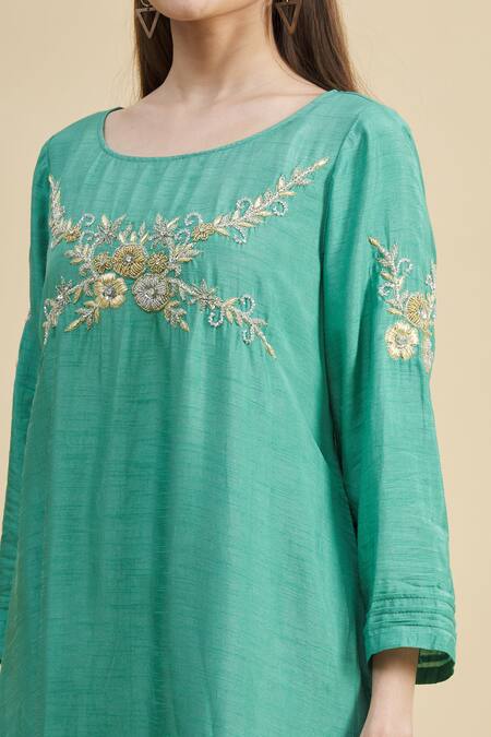 Zeel Doshi_Green Silk Boat Embroidered Tunic  _at_Aza_Fashions