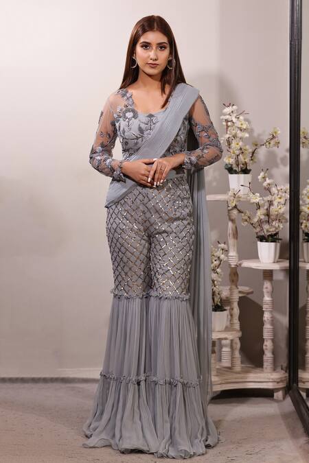Shop_Jade By Ashima_Grey Net, Georgette Round Embroidered Blouse And Sharara Set _at_Aza_Fashions
