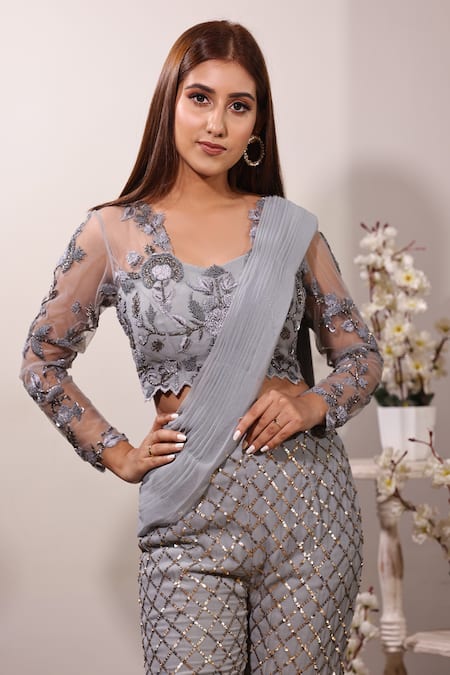 Buy_Jade By Ashima_Grey Net, Georgette Round Embroidered Blouse And Sharara Set _Online_at_Aza_Fashions