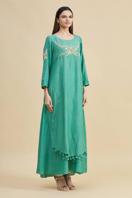 Zeel Doshi_Green Silk Boat Embroidered Tunic  _Online_at_Aza_Fashions