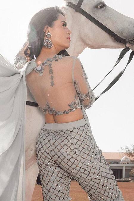 Shop_Jade By Ashima_Grey Blouse Net Sharara Saree Georgette Round Pant With _Online_at_Aza_Fashions