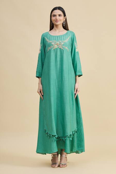 Shop_Zeel Doshi_Green Silk Boat Embroidered Tunic  _Online_at_Aza_Fashions