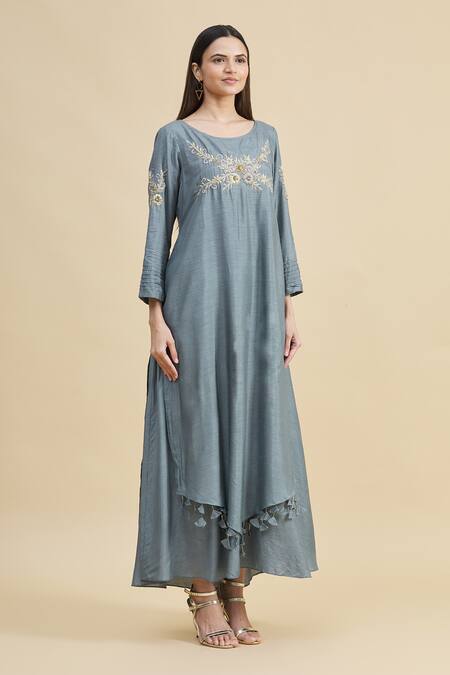 Zeel Doshi_Grey Silk Boat Embroidered Tunic  _Online_at_Aza_Fashions