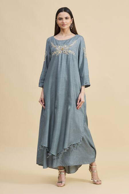 Buy_Zeel Doshi_Grey Silk Boat Embroidered Tunic  _Online_at_Aza_Fashions