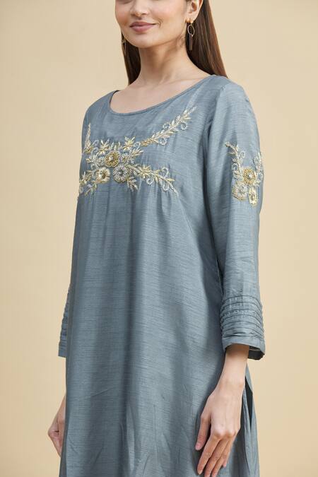 Zeel Doshi_Grey Silk Boat Embroidered Tunic  _at_Aza_Fashions