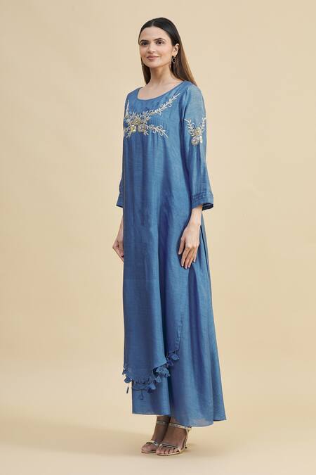 Zeel Doshi_Blue Silk Boat Embroidered Tunic  _Online_at_Aza_Fashions