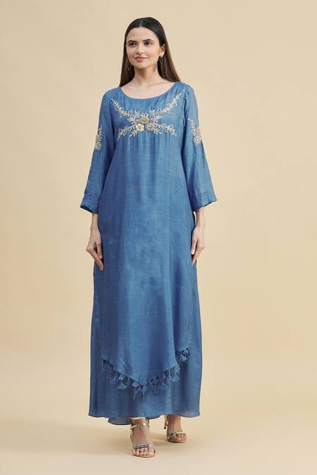 Buy_Zeel Doshi_Blue Silk Boat Embroidered Tunic  _Online_at_Aza_Fashions
