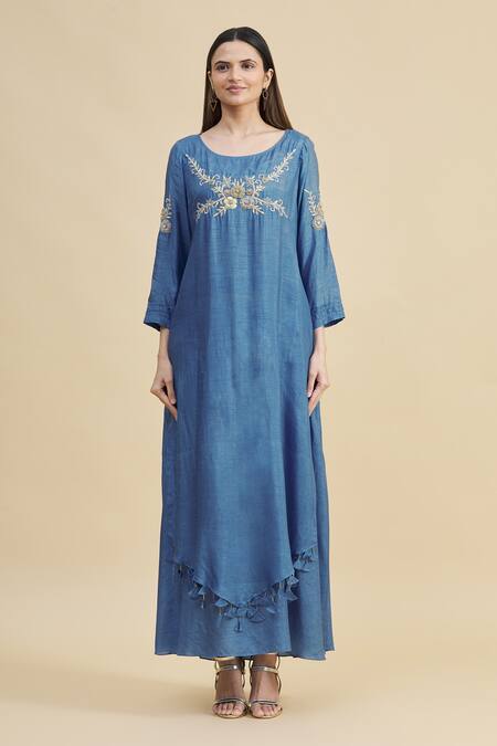 Shop_Zeel Doshi_Blue Silk Boat Embroidered Tunic  _Online_at_Aza_Fashions