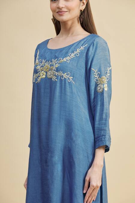 Zeel Doshi_Blue Silk Boat Embroidered Tunic  _at_Aza_Fashions