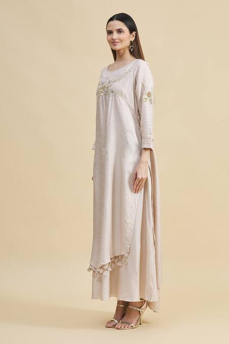 Zeel Doshi_White Silk Boat Embroidered Tunic  _Online_at_Aza_Fashions