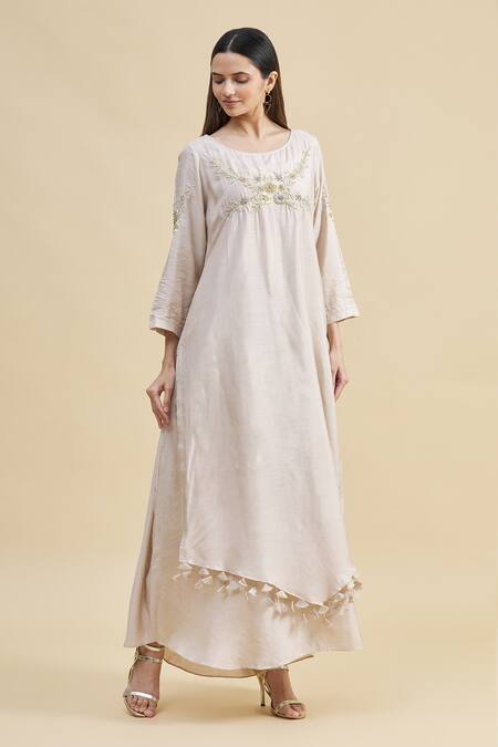 Buy_Zeel Doshi_White Silk Boat Embroidered Tunic  _Online_at_Aza_Fashions