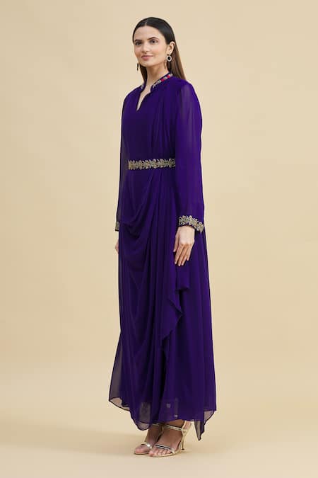 Zeel Doshi_Purple Georgette Mandarin Collar Embroidered Draped Dress With Belt _Online_at_Aza_Fashions