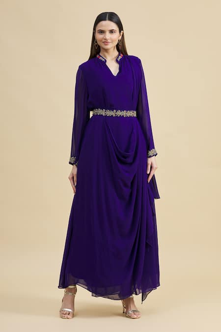 Buy_Zeel Doshi_Purple Georgette Mandarin Collar Embroidered Draped Dress With Belt _Online_at_Aza_Fashions