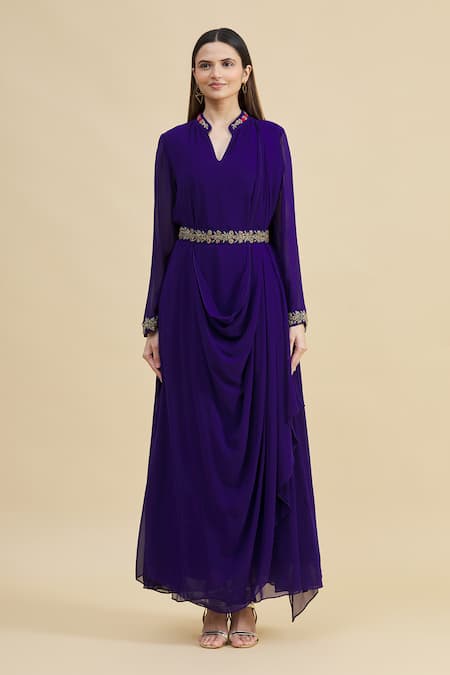Shop_Zeel Doshi_Purple Georgette Mandarin Collar Embroidered Draped Dress With Belt _Online_at_Aza_Fashions