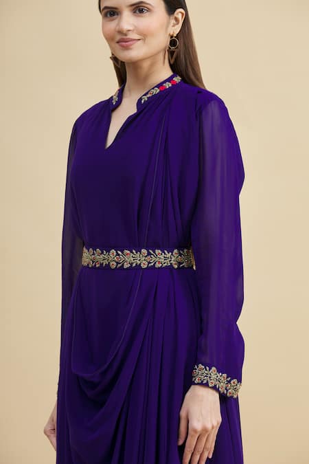 Zeel Doshi_Purple Georgette Mandarin Collar Embroidered Draped Dress With Belt _at_Aza_Fashions