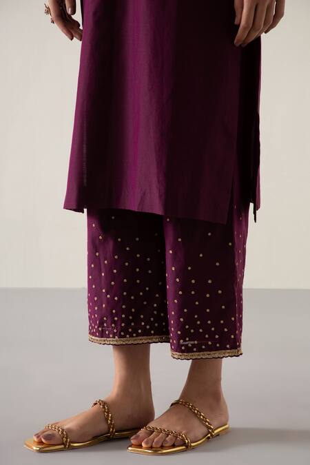 Sureena Chowdhri Purple Silk Chanderi Embroidered Thread Work Round Notched Kurta Set at Aza Fashions Sureena Chowdhri_Purple Silk Chanderi Embroidered Thread Work Round Notched Kurta Set_at_Aza_Fashions