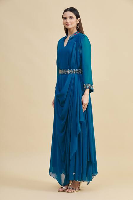 Zeel Doshi_Blue Georgette Mandarin Collar Embroidered Draped Dress With Belt _Online_at_Aza_Fashions