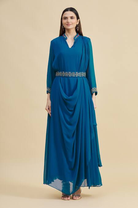 Shop_Zeel Doshi_Blue Georgette Mandarin Collar Embroidered Draped Dress With Belt _Online_at_Aza_Fashions