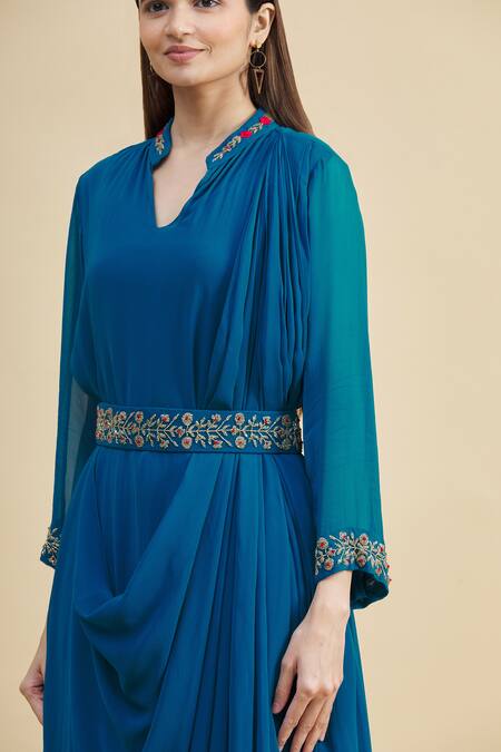 Zeel Doshi_Blue Georgette Mandarin Collar Embroidered Draped Dress With Belt _at_Aza_Fashions