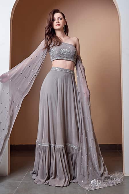 Buy_Jade By Ashima_Grey Georgette Mirror, Resham, Sequin And Pearl, Zari One Crop Top & Skirt Set _Online_at_Aza_Fashions