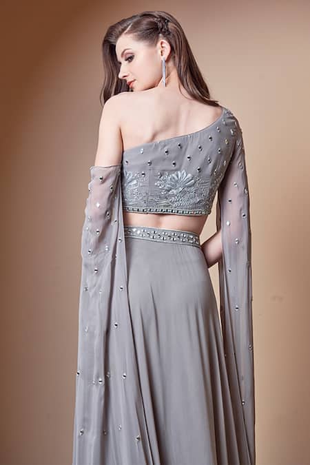 Jade By Ashima_Grey Georgette Mirror, Resham, Sequin And Pearl, Zari One Crop Top & Skirt Set _at_Aza_Fashions