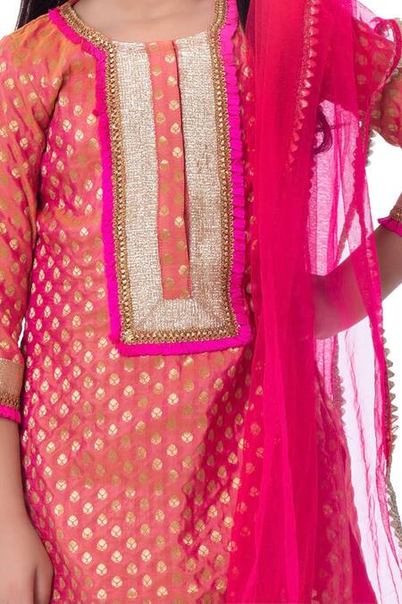 Buy_Bloomers By Amrita M_Pink Silk, Net Lace, Embroidery Kurta Set _Online_at_Aza_Fashions