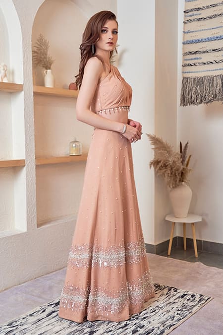 Jade By Ashima_Peach Georgette Sequin, Pearl And Beads One Shoulder Crop Top & Skirt Set _Online_at_Aza_Fashions