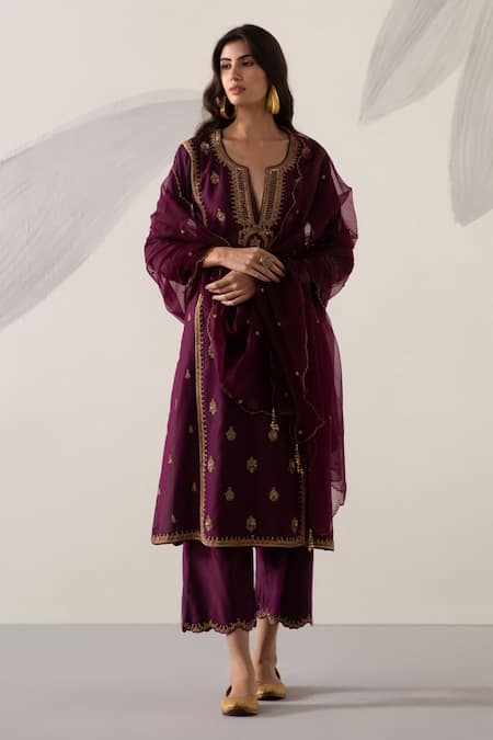 Sureena Chowdhri Purple Silk Chanderi Hand Embroidered Zardozi Work Round Kurta Set  