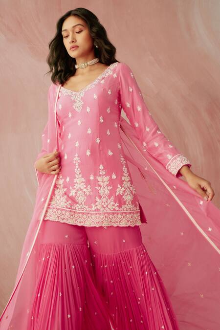 Blush Pink Embroidered Spagetthi Gharara Set - Sureena Chowdhri