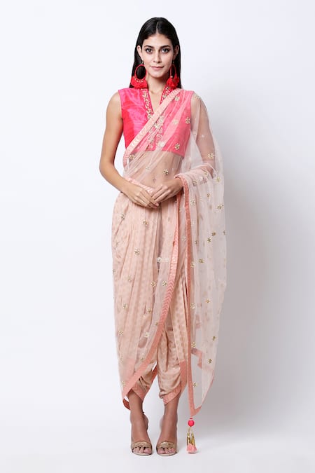 Nikasha Beige V Neck Pre-draped Saree Set 