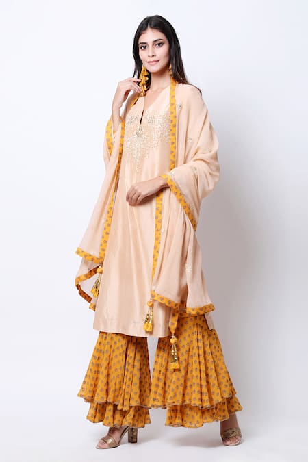 Nikasha Beige Silk V Neck Embroidered Kurta Sharara Set 