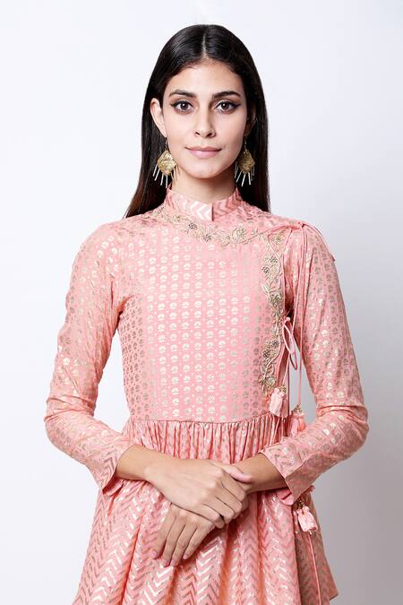 Buy_Nikasha_Pink Mandarin Collar Printed Angrakha Kurta Set _Online_at_Aza_Fashions