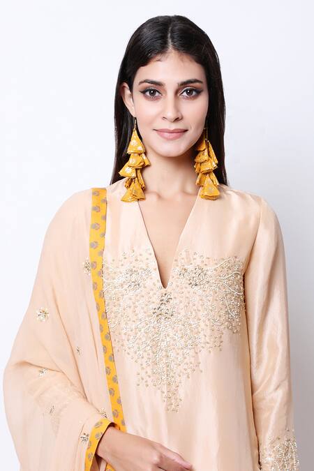 Nikasha_Beige Silk, Chiffon V Neck Embroidered Kurta Sharara Set _Online_at_Aza_Fashions