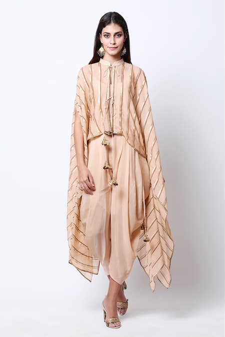 Nikasha Beige Cape Mandarin Collar Asymmetric Dhoti Pant Set