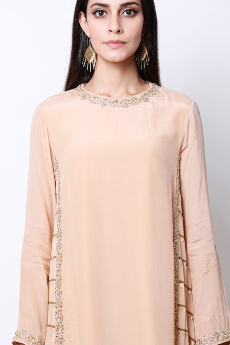 Nikasha Beige Round Asymmetric Kurta Dhoti Pant Set Online at Aza Fashions Nikasha_Beige Round Asymmetric Kurta Dhoti Pant Set _Online_at_Aza_Fashions