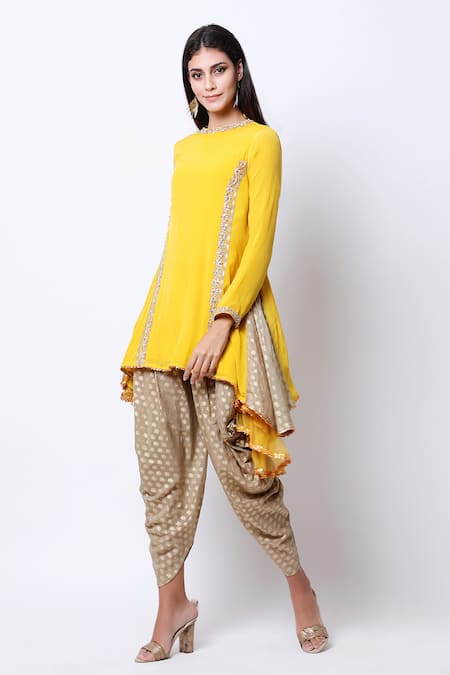 Nikasha_Beige Round Asymmetric Kurta Dhoti Pant Set _Online_at_Aza_Fashions
