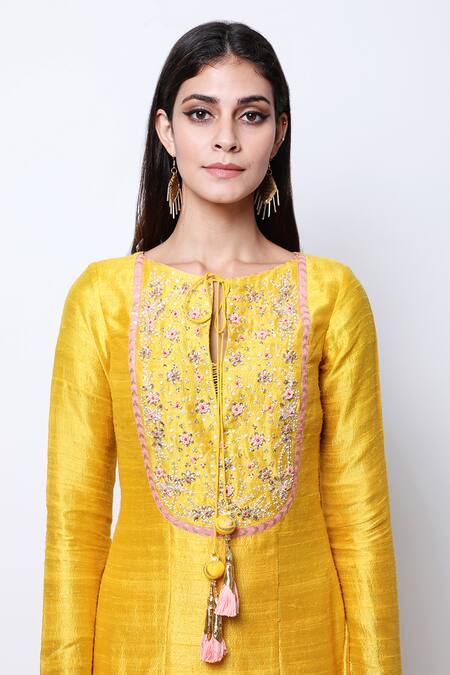 Nikasha_Yellow Silk Round Embroidered Kurta Sharara Set _Online_at_Aza_Fashions