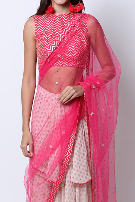 Nikasha_Red High Embroidered Pre-draped Saree _Online_at_Aza_Fashions