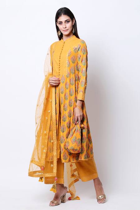 Nikasha Yellow Band Collar Printed Kurta Set Online at Aza Fashions Nikasha_Yellow Band Collar Printed Kurta Set _Online_at_Aza_Fashions