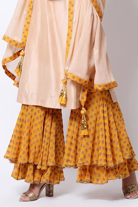 Buy_Nikasha_Beige Silk, Chiffon V Neck Embroidered Kurta Sharara Set _Online_at_Aza_Fashions