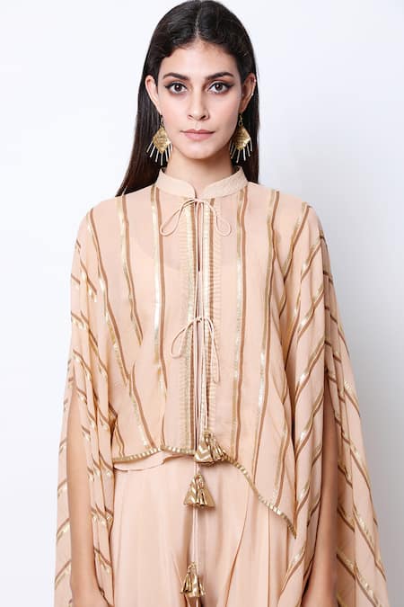 Nikasha_Beige Cape Mandarin Collar Asymmetric Dhoti Pant Set _Online_at_Aza_Fashions