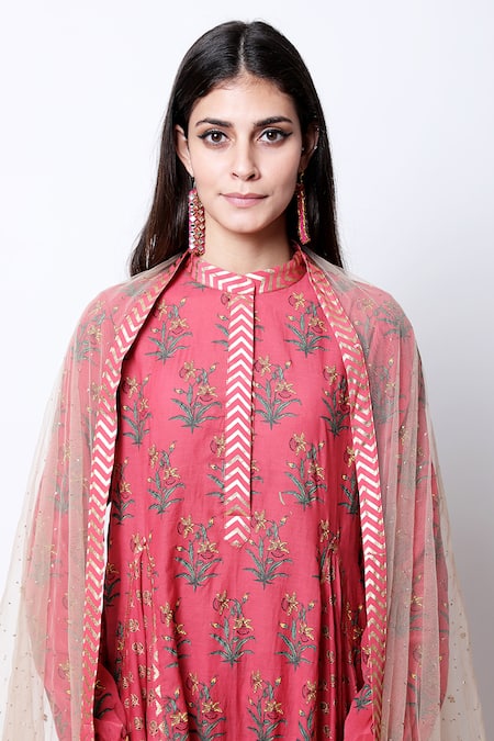 Buy_Nikasha_Maroon Mandarin Collar Printed Anarkali Set _Online_at_Aza_Fashions