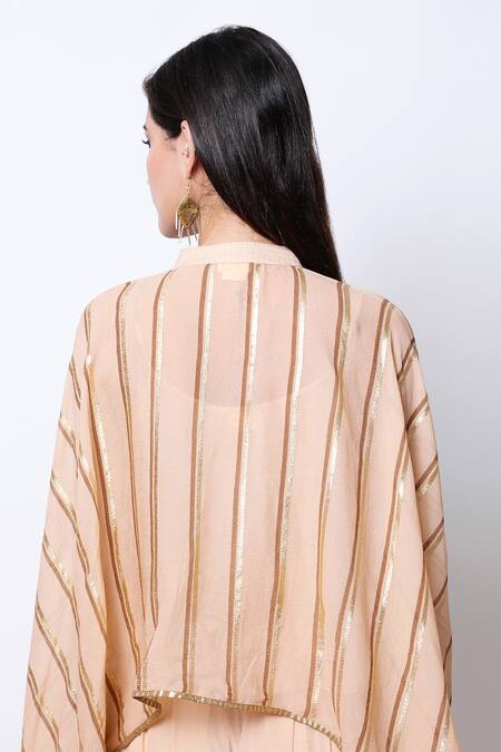 Buy_Nikasha_Beige Cape Mandarin Collar Asymmetric Dhoti Pant Set _Online_at_Aza_Fashions
